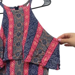 Lulus Boho Maxi Dress Geometric‎ Print Pink Navy Halter Neck Layered Size M